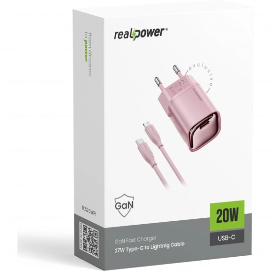 RealPower TCS20WPI 20W GaN Type-C to Lightning Şarj Aleti (NT-119356) - Pembe, 3000 mAh, Hızlı Şarj, Kablo Dahil