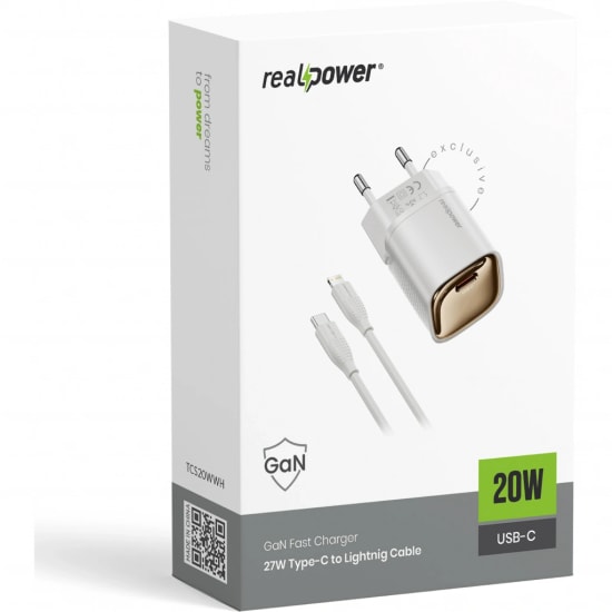 RealPower TCS20WWH 20W GaN Type-C to Lightning Şarj Aleti (NT-119355) - Beyaz, 3000 mAh, Hızlı Şarj, Kablo Dahil