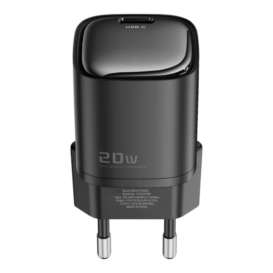 RealPower TCS20WBK 20W GaN Type-C to Lightning Şarj Aleti (NT-119354) - Siyah, 3000 mAh, Hızlı Şarj, Kablo Dahil