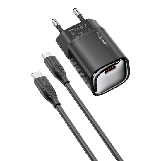 RealPower TCS20WBK 20W GaN Type-C to Lightning Şarj Aleti (NT-119354) - Siyah, 3000 mAh, Hızlı Şarj, Kablo Dahil