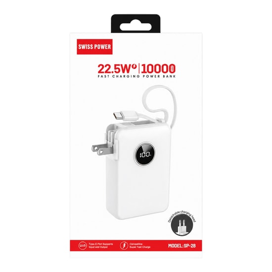 Swiss Power SP-28 Beyaz 10000 mAh 22.5W Taşınabilir Powerbank - Hızlı Şarj Desteği, Led Göstergeli, Beyaz Renk