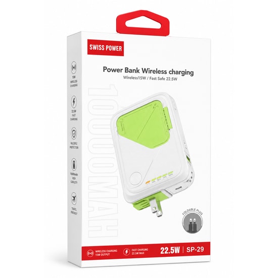 Swiss Power SP-29 Siyah 10000 mAh 22.5W Wireless Powerbank - Hızlı Şarj Desteği, Kablosuz Şarj, Led Göstergeli, Siyah