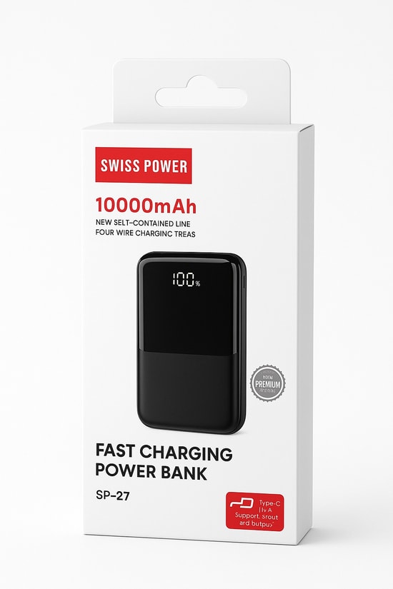 Swiss Power SP-27 Siyah 10000 mAh 22.5W Taşınabilir Powerbank - Hızlı Şarj Desteği, Led Göstergeli, Siyah Renk