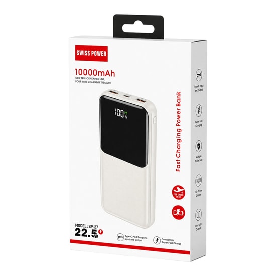 Swiss Power SP-27 Beyaz 10000 mAh 22.5W Taşınabilir Powerbank - Hızlı Şarj Desteği, Led Göstergeli, Beyaz Renk