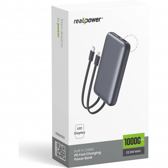 RealPower PB10KGR2-SIYAH 10000 mAh 22.5W Taşınabilir Powerbank - Hızlı Şarj Desteği, Led Göstergeli, Siyah Renk