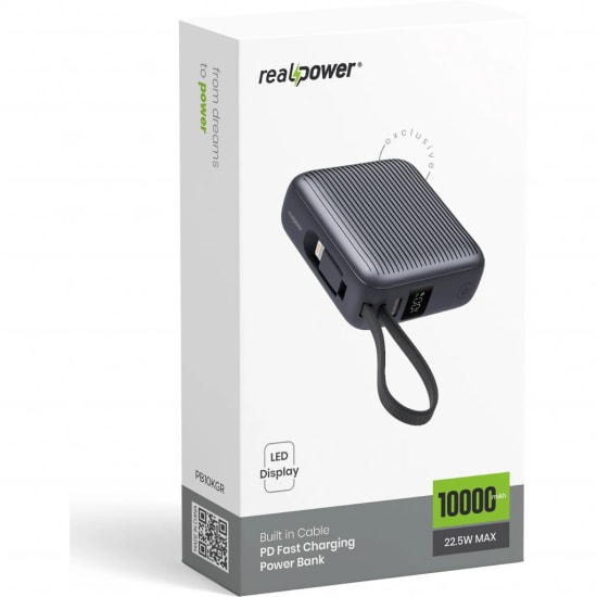 RealPower PB10KGR-SIYAH 10000 mAh 22.5W Taşınabilir Powerbank - Hızlı Şarj Desteği, Led Göstergeli, Siyah Renk
