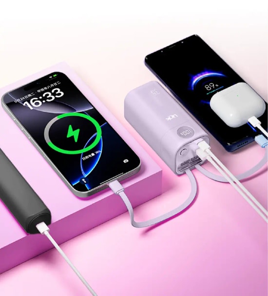 LinkTech MP13 35W USB-C ve Lightning Kablolu 20000mAh Hızlı Şarj Mor Powerbank - Dijital Ekranlı, PD 3.0, PPS, QC 4.0+