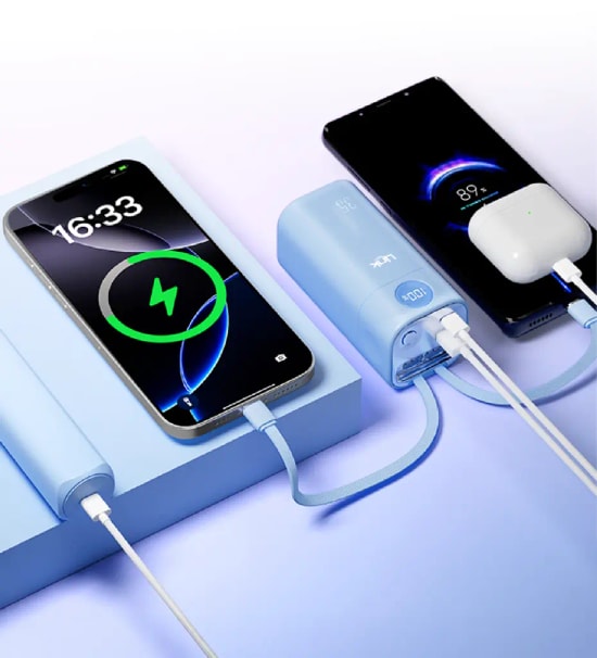 LinkTech MP13 35W USB-C ve Lightning Kablolu 20000mAh Hızlı Şarj Mavi Powerbank - Dijital Ekranlı, PD 3.0, PPS, QC 4.0+