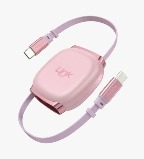 LinkTech KN01 Süper Hızlı 240W Tip-C - Tip-C Manyetik Geri Çekilebilir Pembe Şarj Kablosu - Makaralı, 6A Güç, 1m Kablo
