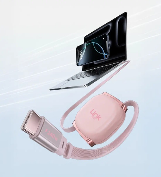 LinkTech KN01 Süper Hızlı 240W Tip-C - Tip-C Manyetik Geri Çekilebilir Pembe Şarj Kablosu - Makaralı, 6A Güç, 1m Kablo