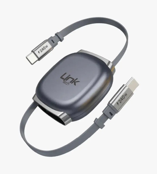 LinkTech KN01 Süper Hızlı 240W Tip-C - Tip-C Manyetik Geri Çekilebilir Gri Şarj Kablosu - Makaralı, 6A Güç, 1m Kablo