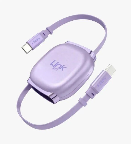 LinkTech KN01 Süper Hızlı 240W Tip-C - Tip-C Manyetik Geri Çekilebilir Mor Şarj Kablosu - Makaralı, 6A Güç, 1m Kablo