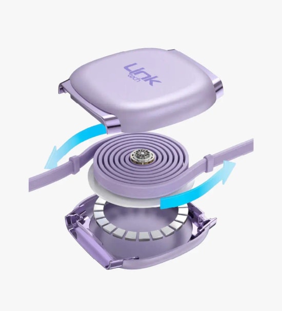 LinkTech KN01 Süper Hızlı 240W Tip-C - Tip-C Manyetik Geri Çekilebilir Mor Şarj Kablosu - Makaralı, 6A Güç, 1m Kablo