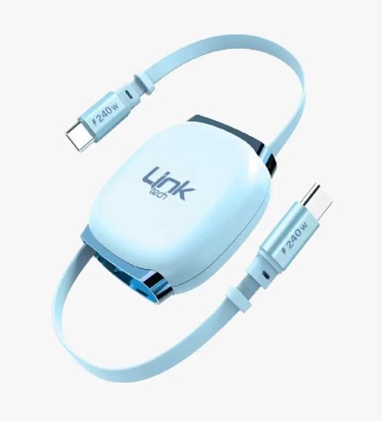 LinkTech KN01 Süper Hızlı 240W Tip-C - Tip-C Manyetik Geri Çekilebilir Mavi Şarj Kablosu - Makaralı, 6A Güç, 1m Kablo