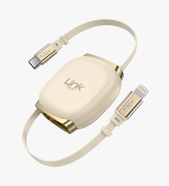 LinkTech KN02 Hızlı 30W Tip-C - Lightning Manyetik Geri Çekilebilir Altın Şarj Kablosu - Makaralı, 3A Güç, 1 Metre Kablo