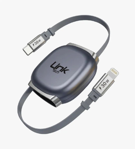 LinkTech KN02 Hızlı 30W Tip-C - Lightning Manyetik Geri Çekilebilir Gri Şarj Kablosu - Makaralı, 3A Güç, 1 Metre Kablo