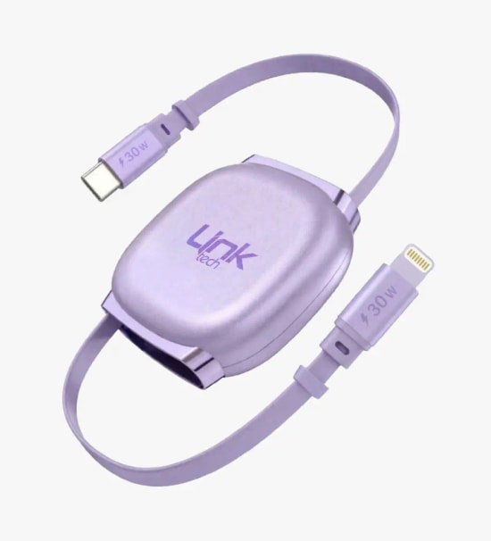 LinkTech KN02 Hızlı 30W Tip-C - Lightning Manyetik Geri Çekilebilir Mor Şarj Kablosu - Makaralı, 3A Güç, 1 Metre Kablo