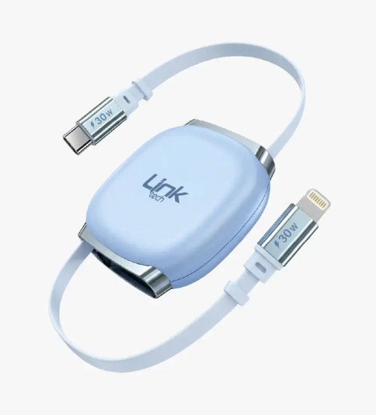 LinkTech KN02 Hızlı 30W Tip-C - Lightning Manyetik Geri Çekilebilir Mavi Şarj Kablosu - Makaralı, 3A Güç, 1 Metre Kablo