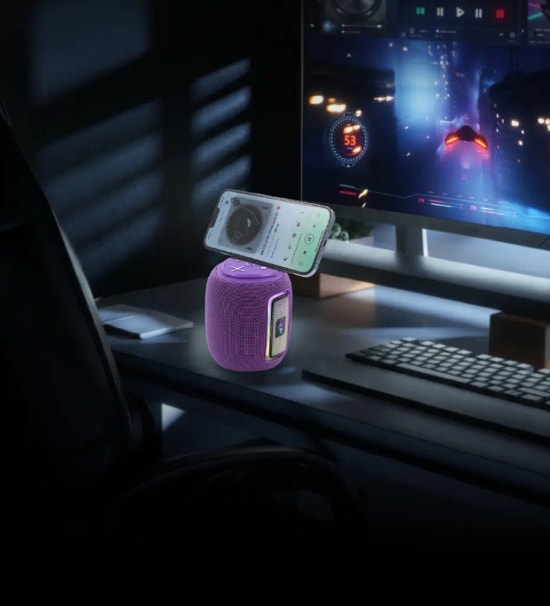 LinkTech Q226 Ritim LED Işıklı 10W TWS Mor Bluetooth Hoparlör - 2400mAh Batarya, IPX5, SD Kart, USB, AUX, 10m Menzil