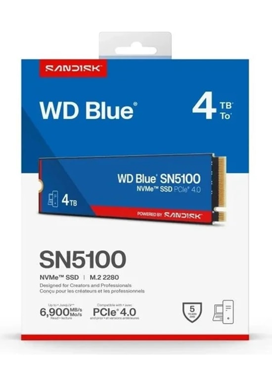 WD Blue SN5100 4TB NVMe M.2 2280 SSD (WDS400T5B0E) - 6900/6700MB/s Okuma/Yazma, PCIe Gen4 x4, nCache 4.0 SLC Önbellek