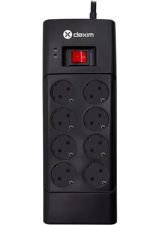 Dexim SP08DG Sekizli Akım Korumalı Priz (DCP008) - 1.8 Metre Kablo, 2400W Güç, 210 Joules, Açma Kapama Düğmesi, Siyah