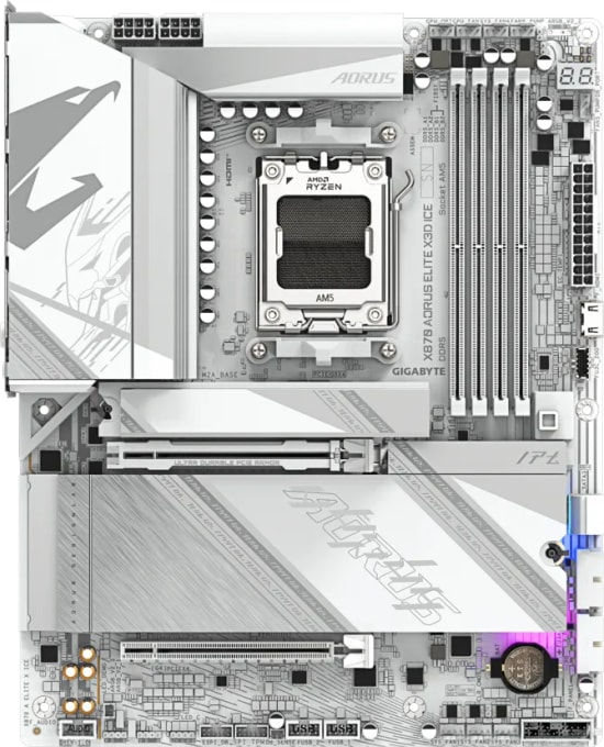 Gigabyte X870 Aorus Elite X3D Ice Anakart: AM5, DDR5 8200MHz(OC), HDMI, USB4 40 Gbps, Wi-Fi 7, 2.5 Gbps LAN, RGB, ATX