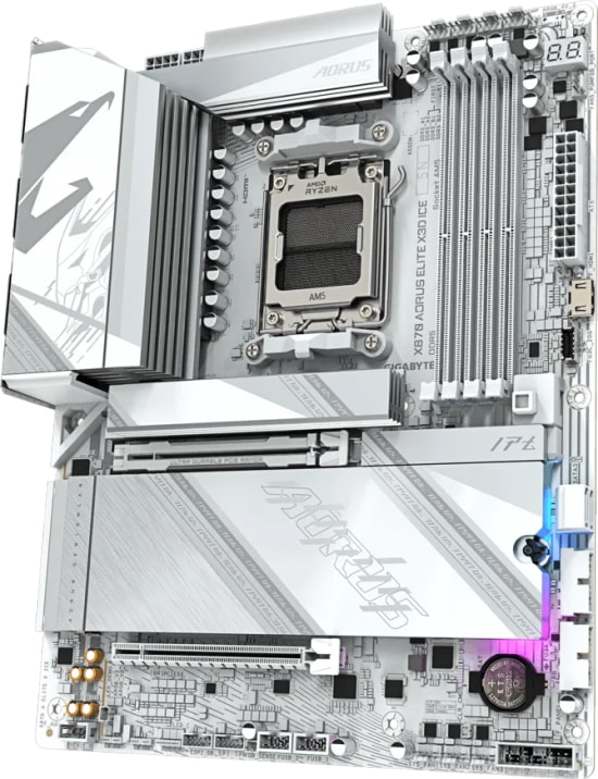 Gigabyte X870 Aorus Elite X3D Ice Anakart: AM5, DDR5 8200MHz(OC), HDMI, USB4 40 Gbps, Wi-Fi 7, 2.5 Gbps LAN, RGB, ATX