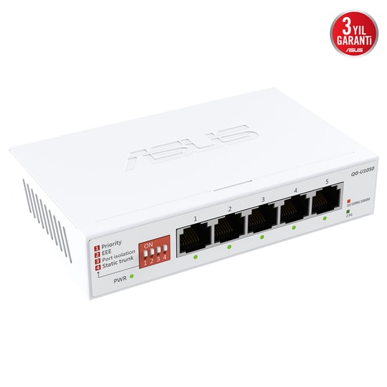Asus QG-U1050 5 Port 2.5G Yönetilemez Switch - 2.5Gbps Hız, Tak Çalıştır, 4 Akıllı Mod, Sessiz Çalışma, Beyaz