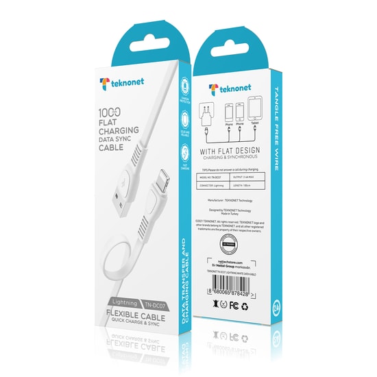 Teknonet TN-DC07 Lightning Şarj ve Data Kablosu (Beyaz) - 100 cm, 12W Güç, Hızlı Şarj, Plastik Dış Kaplama