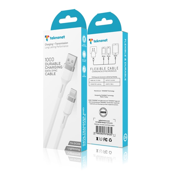 Teknonet TN-DC06 Lightning Şarj ve Data Kablosu (Beyaz) - 100 cm, Plastik, Hızlı Şarj, Veri Aktarım Desteği