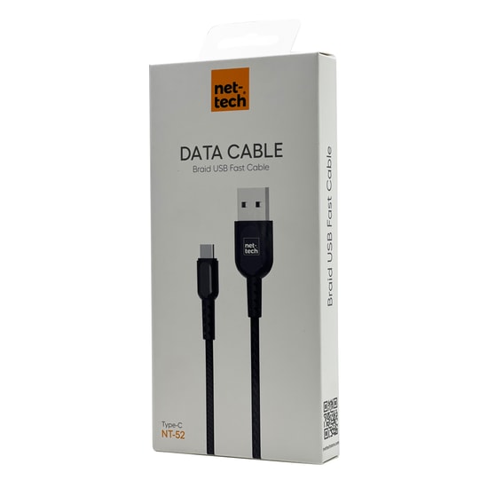 Nettech VR-14587 NT-52 Type-C Şarj ve Data Kablosu (Siyah) - 100 Cm, Plastik, Hızlı Şarj Desteği, 15 gr