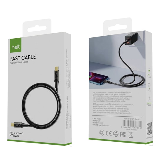Helt NT-31297 HT-DC19 Type-C To Type-C Şarj ve Data Kablosu - 100W, 100 Cm, İp Örgü, Siyah, Veri Aktarımı