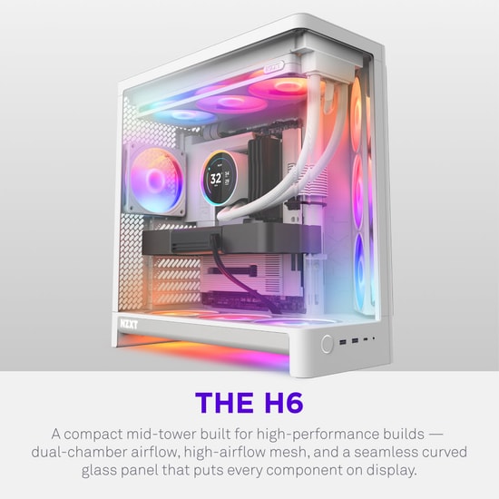 NZXT CC-H62FW-01 H6 Compact Dual-Chamber ATX Kasa Beyaz - Fansız, Temperli Cam, Üst 360 mm Radyatör Desteği