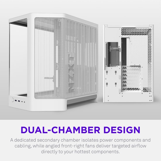 NZXT CC-H62FW-01 H6 Compact Dual-Chamber ATX Kasa Beyaz - Fansız, Temperli Cam, Üst 360 mm Radyatör Desteği