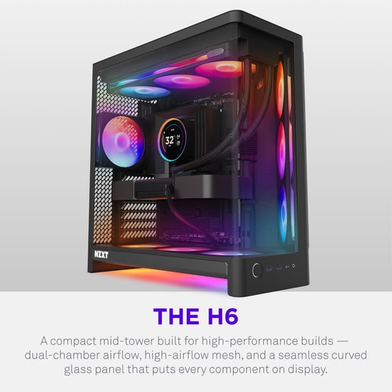 NZXT CC-H62FB-01 H6 Compact Dual-Chamber ATX Kasa Siyah - Fansız, Temperli Cam, Üst 360 mm Radyatör Desteği