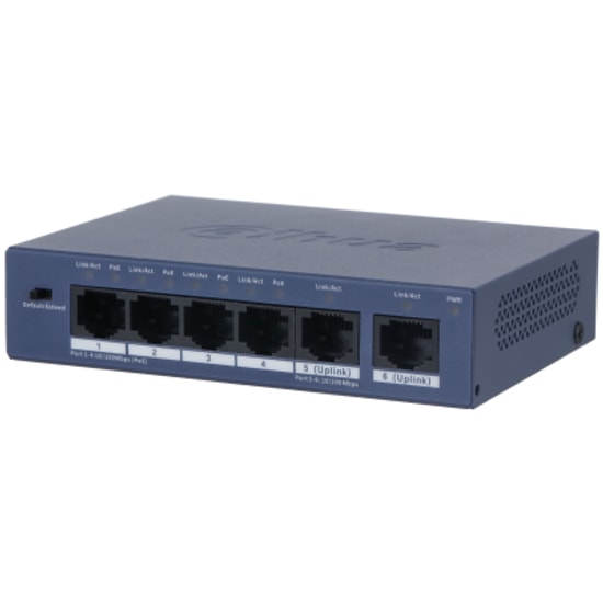 Dahua S3006-4ET-60 6 Port 10/100Mbps PoE Switch - Yönetilemez, 4 Port PoE, 60W, 2 Uplink, Masaüstü Metal Kasa