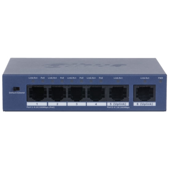 Dahua S3006-4ET-60 6 Port 10/100Mbps PoE Switch - Yönetilemez, 4 Port PoE, 60W, 2 Uplink, Masaüstü Metal Kasa