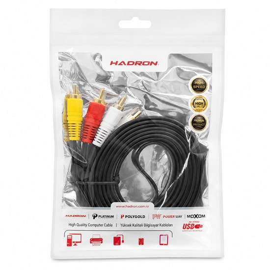 Hadron HN4593 3RCA/RCA Audio Kablo (Siyah) - 300 cm Plexy Kablo, 3RCA Stereo Ses Aktarım Kablosu, 24 Ay Garanti