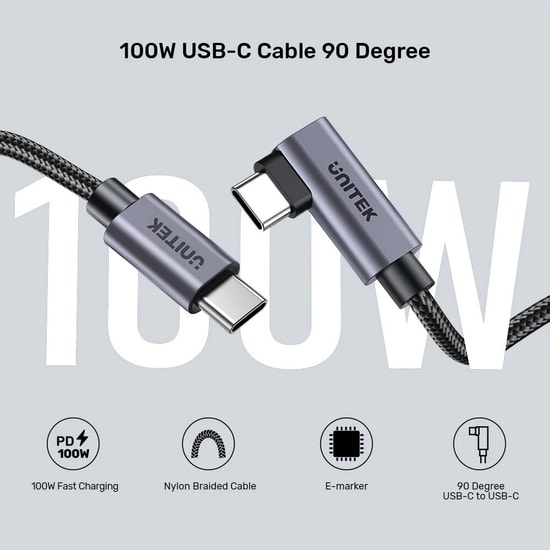 Unitek C14123BK-1M 1 m Type-C to Type-C USB-C Şarj Kablosu - 100W, 5A, 90 Derece Açılı, Naylon Örgülü, USB 2.0