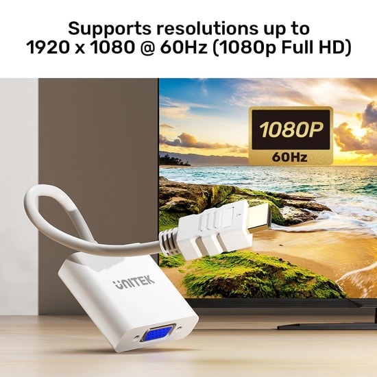 Unitek Y-6333C01 HDMI to VGA Ses Destekli Dönüştürücü - 1080p 60Hz, 3.5mm Ses Çıkışı, 15cm, Tek Yönlü, Beyaz