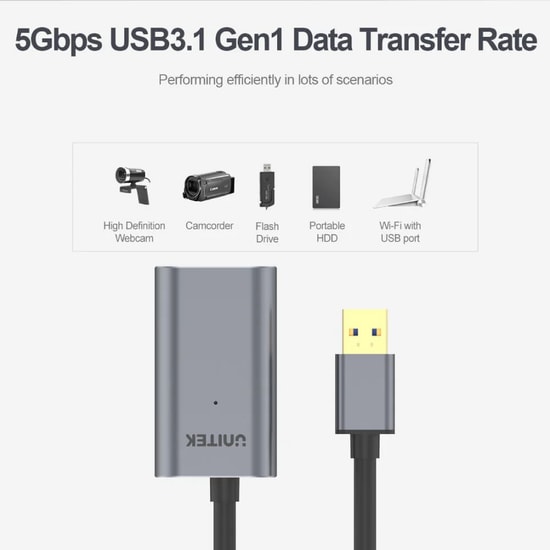 Unitek Y-3005 USB 3.0 Uzatma Kablosu 10 Metre - USB 3.0 Type-A Erkek, USB 3.0 Type-A Dişi, 3.5x1.35 mm DC Boyutu