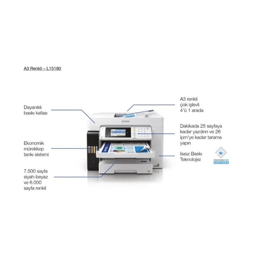 Epson L15180 EcoTank A3 Renkli Çok Fonksiyonlu Yazıcı - 25 sayfa/dk, Tarayıcı, Fotokopi, Faks, Wi-Fi, Dubleks