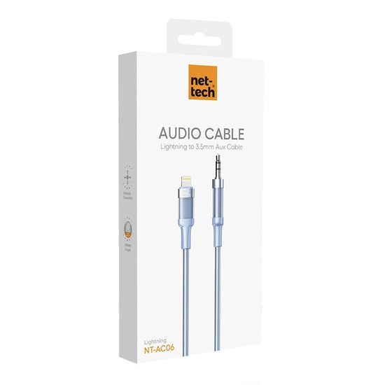 Nettech NT-AC06 Mavi Jack to Lightning Aux Kablo - 100 cm Uzunluk, Plexy Kablo, Aux Girişi, 24 Ay Garanti