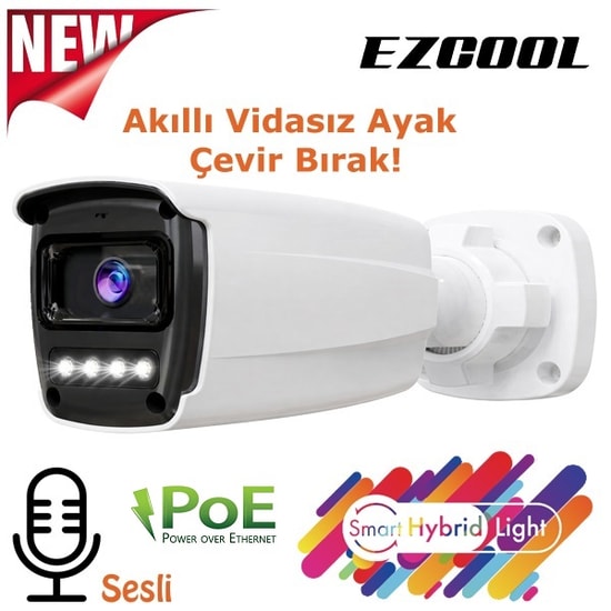 Ezcool EZ-4045IPS IP Bullet Kamera - 5MP, 3.6mm Lens, Hibrit PoE, Sesli, 50m Gece Görüş Mesafesi, Mikrofonlu