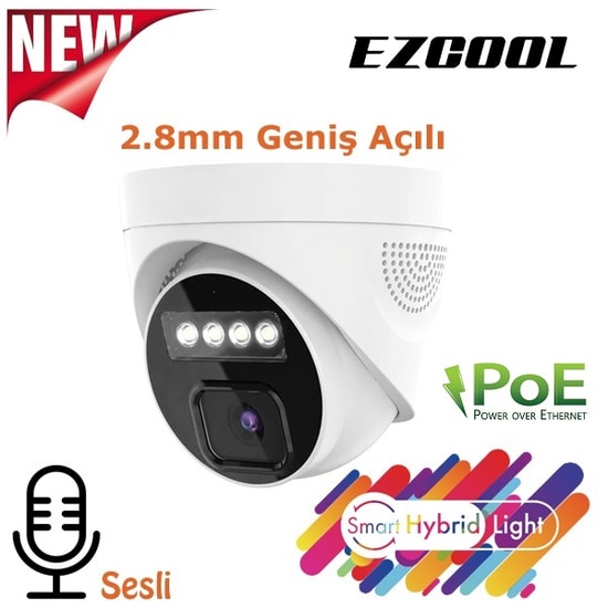 Ezcool EZ-1045IPS 5MP 2.8mm Hibrit PoE Sesli IP Dome Güvenlik Kamerası - 30 Metre Gece Görüşü, Mikrofonlu