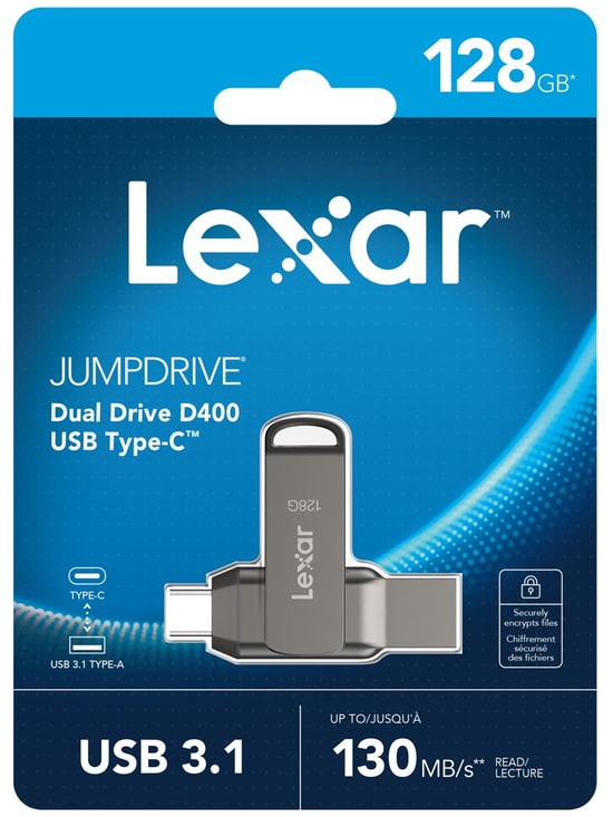 Lexar D400 128GB LJDD400128G-BNQNG Dual Type-C Type-A USB Bellek - Çift Taraflı, 130 MB/s Okuma, Anahtarlık Deliği