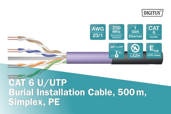 Digitus DK-1613-VH-5-OD Cat6 Siyah Outdoor Network Kablosu - U-UTP, 500m, AWG23, Eca, Yangına Dayanıklı