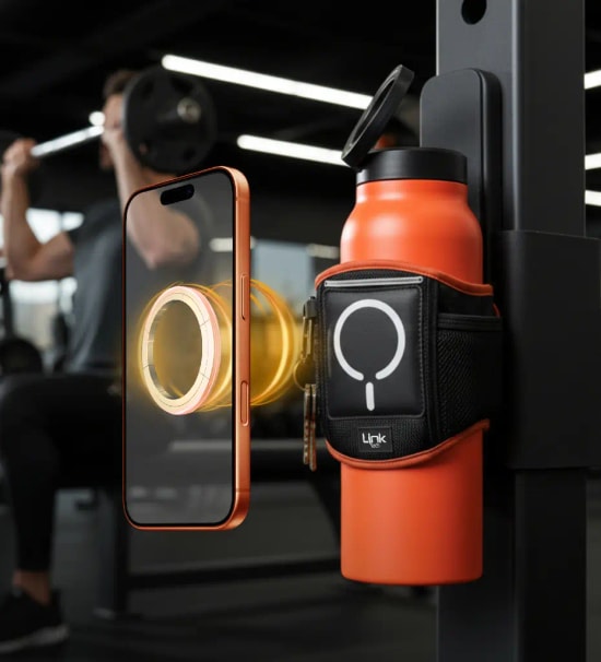 Linktech BH11 Turuncu Manyetik Fitness Su Şişesi Çantası Manyetik Telefon Tutucu - MagPro, 360 Dönebilir, Suya Dayanıklı