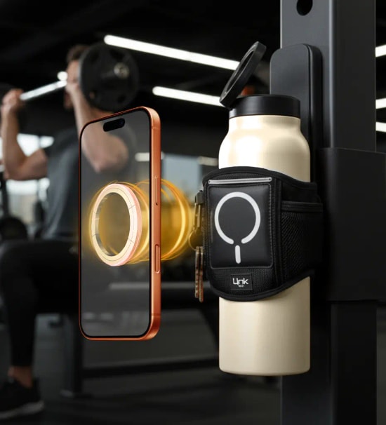 Linktech BH11 Siyah Manyetik Fitness Su Şişesi Çantası Manyetik Telefon Tutucu - MagPro, 360 Dönebilir, Suya Dayanıklı