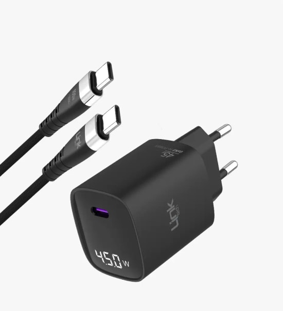 Linktech G857 Premium Tip-C Kablolu 45W USB-C Süper SI Şarj Adaptörü - PD 3.0, QC 4.0+, GaN3, Aşırı Akım Korumalı